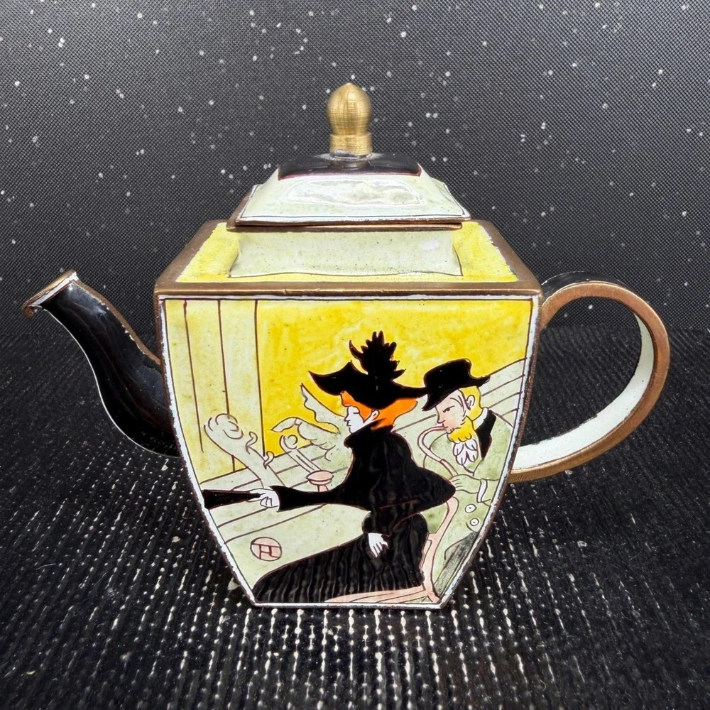 Kelvin Chen No 1064 Miniature Enameled Teapot Toulouse-Lautrec Art Yellow 3x4